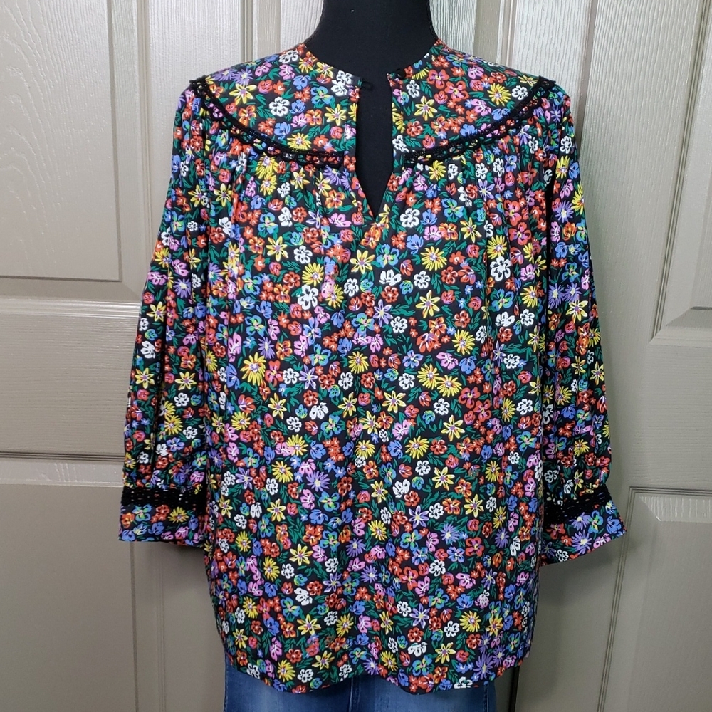 Johnny Was Black Multicolor Floral Peasant Blouse Size Small